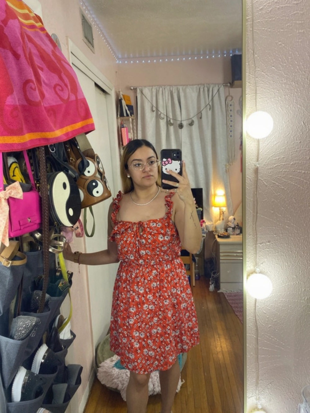Orange Floral Tie-Front Ruffle-Strap Mini Dress